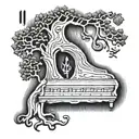 A detailed wood carving design with a tree  musical notes, in blackwork style tattoo design idea