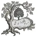A detailed wood carving design with a tree  musical notes, in blackwork style tattoo design idea