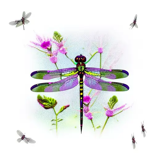 purple and pink dragonfly with locust flowers tattoo design idea
