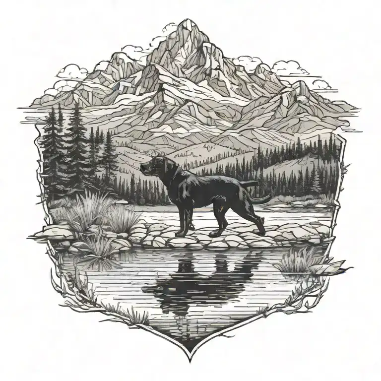 Mountains Black Lab Lake tattoo design idea