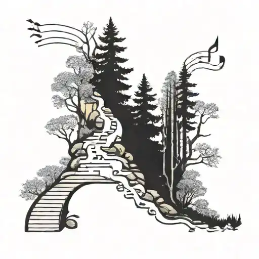 A hiking trail winding through a forest with hidden musical notes along the path tattoo design idea