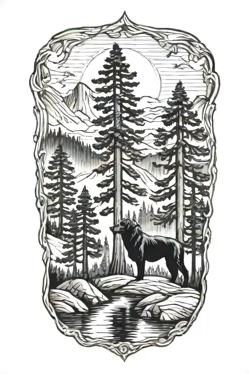 SEQUOIA TREE WATER BLACK LAB MOUTAIN tattoo design idea