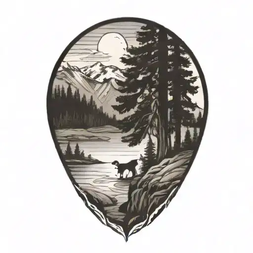 SEQUOIA TREE, WATER, BLACK LAB, MOUNTAINS  CROWN JEWEL tattoo design idea