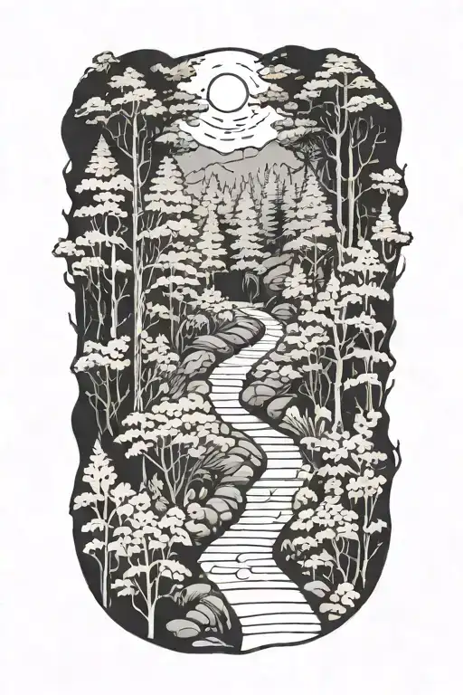 A hiking trail winding through a forest with hidden musical notes along the path tattoo design idea