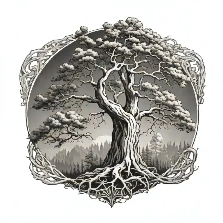 Sequoia Tree growing with roots and a kings crown  tattoo design idea