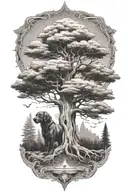Sequoia Tree growing with roots and a hindu crown surrounded BLACK LAB tattoo design idea