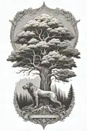 Sequoia Tree growing with roots and a hindu crown surrounded BLACK LAB tattoo design idea