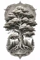 Sequoia Tree growing with roots and a hindu crown surrounded tattoo design idea