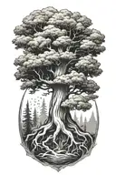 Sequoia Tree growing with roots and a hindu crown surrounded tattoo design idea