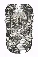 A hiking trail winding through a forest with hidden musical notes along the path tattoo design idea