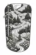 A hiking trail winding through a forest with hidden musical notes along the path tattoo design idea