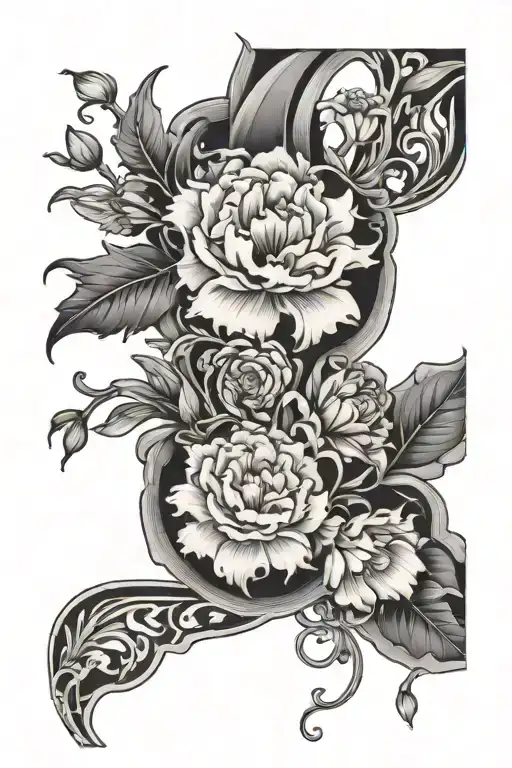 vines around arm with marigold, lilys and  carnations   tattoo design idea