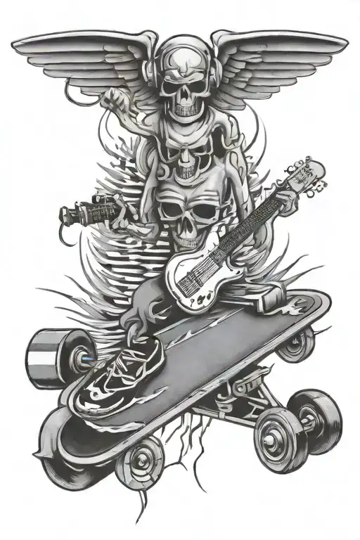 music, skateboarding, hot rods tattoo design idea
