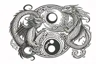 a small bird and dragon in a yin yang symbol tattoo design idea
