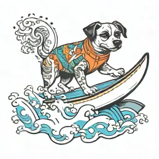 surfing dog tattoo design idea