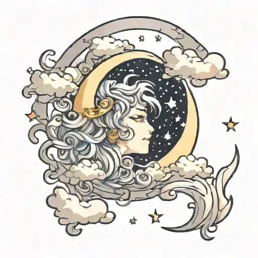 crescent moon in the clouds with stars shining brightly tattoo design idea