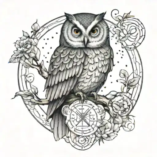 A tattoo design featuring an owl perched on a branch, with the zodiac symbols of Gemini, Cancer, Pisces, and Sagittarius incorporated into the background tattoo design idea