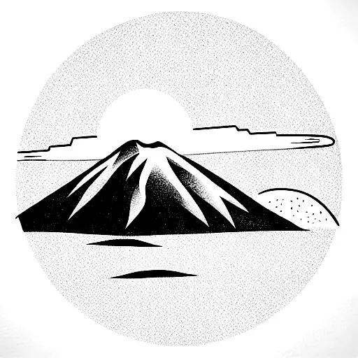 volcanic mountain with palm trees at sides and a turtle under water tattoo design idea