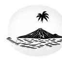volcanic mountain surrounded by sea and palm trees and a turtle in water tattoo design idea