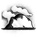 volcanic mountain surrounded by sea and palm trees and a turtle in water tattoo design idea