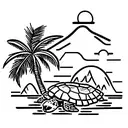 volcanic mountain surrounded by sea and palm trees and a turtle in water tattoo design idea