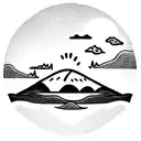 volcanic mountain surrounded by sea and palm trees and a turtle in water tattoo design idea