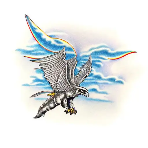 silver hawk flying over a mountain over dragon scales tattoo design idea