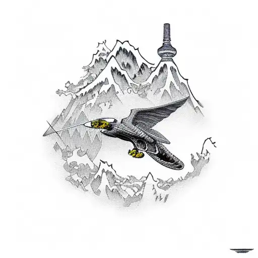 silver hawk flying over a mountain over dragon scales tattoo design idea