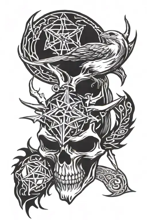 Skull of a raven, with Norse symbols and deer antlers on the head, behind is the star of David tattoo design idea
