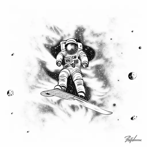 astronaut snowboarding through the galaxy tattoo design idea