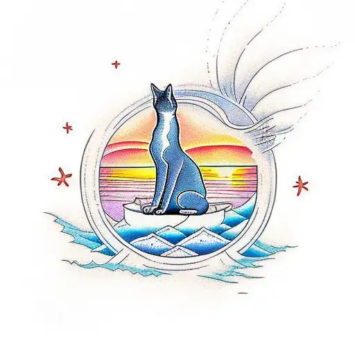 A serene beach sunset with a meditating cat surrounded by vibrant energy waves tattoo design idea