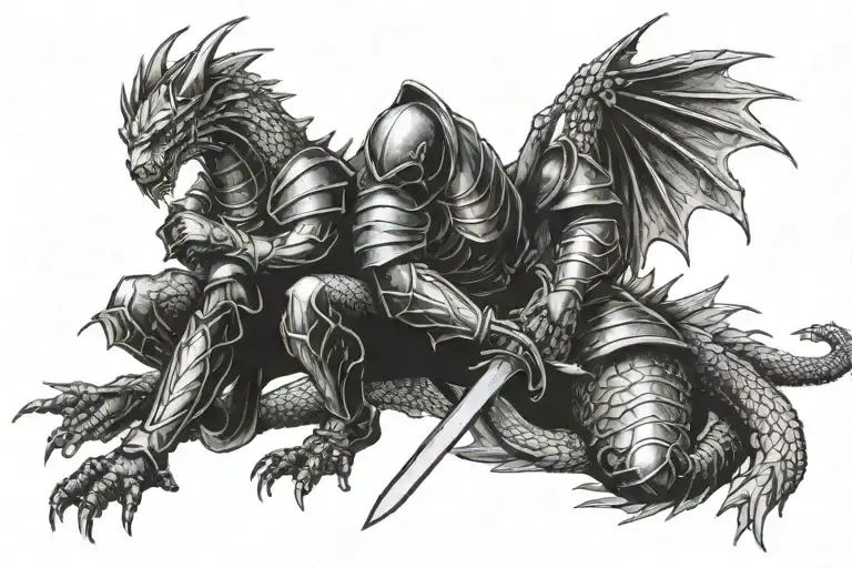 A warrior with wings, clad in shining armor, kneeling on his knees with a sword held upright with dragon  tattoo design idea