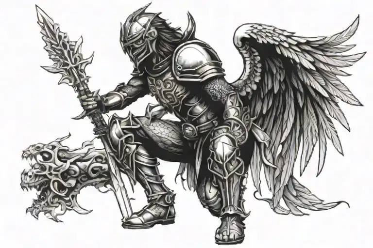 A warrior with wings, clad in shining armor, kneeling on his knees with a sword held upright and the blade pointed to th tattoo design idea