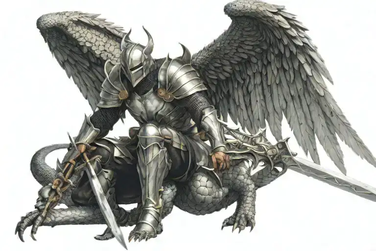A warrior with wings, clad in shining armor, kneeling on his knees with a sword held upright with dragon  tattoo design idea