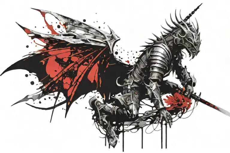 A warrior with wings, clad in shining armor, kneeling on his knees with a sword held upright with dragon  tattoo design idea