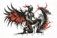 A warrior with wings, clad in shining armor, kneeling on his knees with a sword held upright with dragon  tattoo design idea