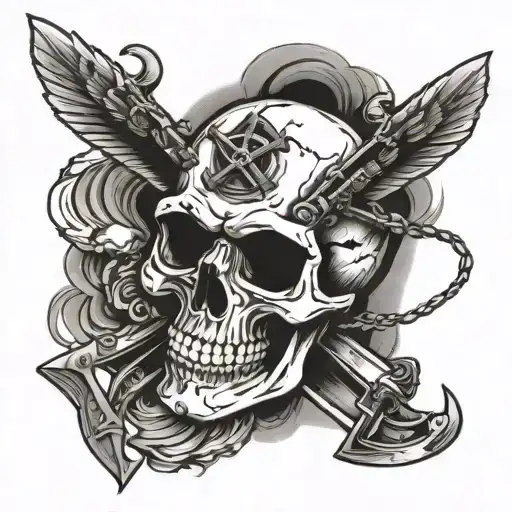 skull and crossbones with helicopter blades instead of bones tattoo design idea