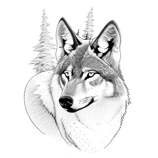 silhouette of a wolf in a forest at night tattoo design idea