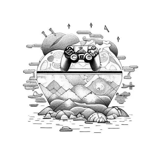 A surreal tattoo design of a beach scene with a giant Playstation console washed up on the shore, surrounded by intricate dotwork patterns tattoo design idea