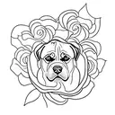 A Rottweiler lying in a bed of white flowers tattoo design idea