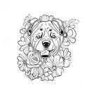 A Rottweiler lying in a bed of white flowers tattoo design idea