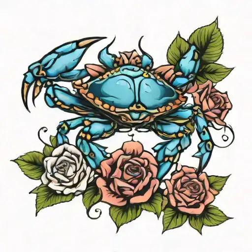 blue crab surrounded by roses tattoo design idea