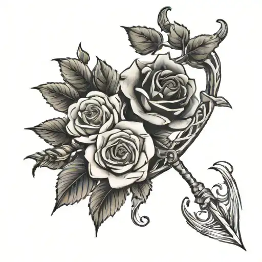 Tattoo of a bow and arrow covered in ivy with a rose and a carnation tattoo design idea