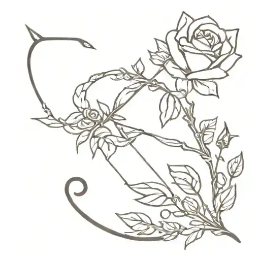 Tattoo of a bow and arrow covered in ivy with a rose and a carnation tattoo design idea
