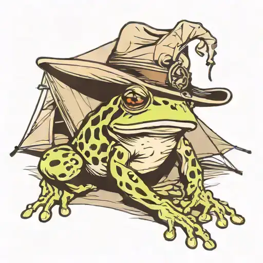frog wearing a cowboy hat outside a tent tattoo design idea