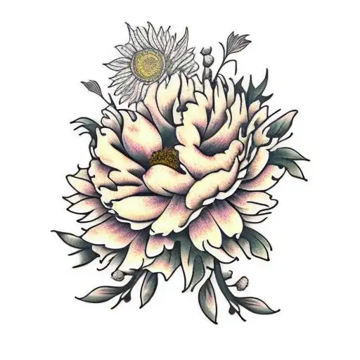 Peony and sunflower Bouquet tattoo design idea
