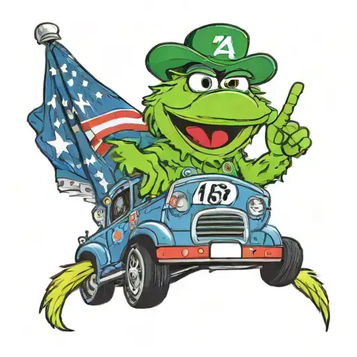 phillie phanatic driving a nascar with his upper body out the window with the number 45 on car side with michigan hat tattoo design idea