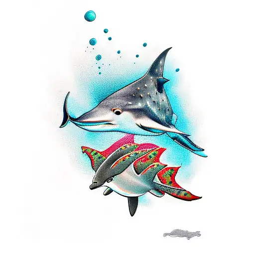 spotted eagle ray with carribean black tip reef shark, and diver sihlouette  tattoo design idea