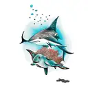 spotted eagle ray with carribean black tip reef shark, and diver sihlouette  tattoo design idea