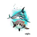 spotted eagle ray with carribean black tip reef shark, and diver sihlouette  tattoo design idea